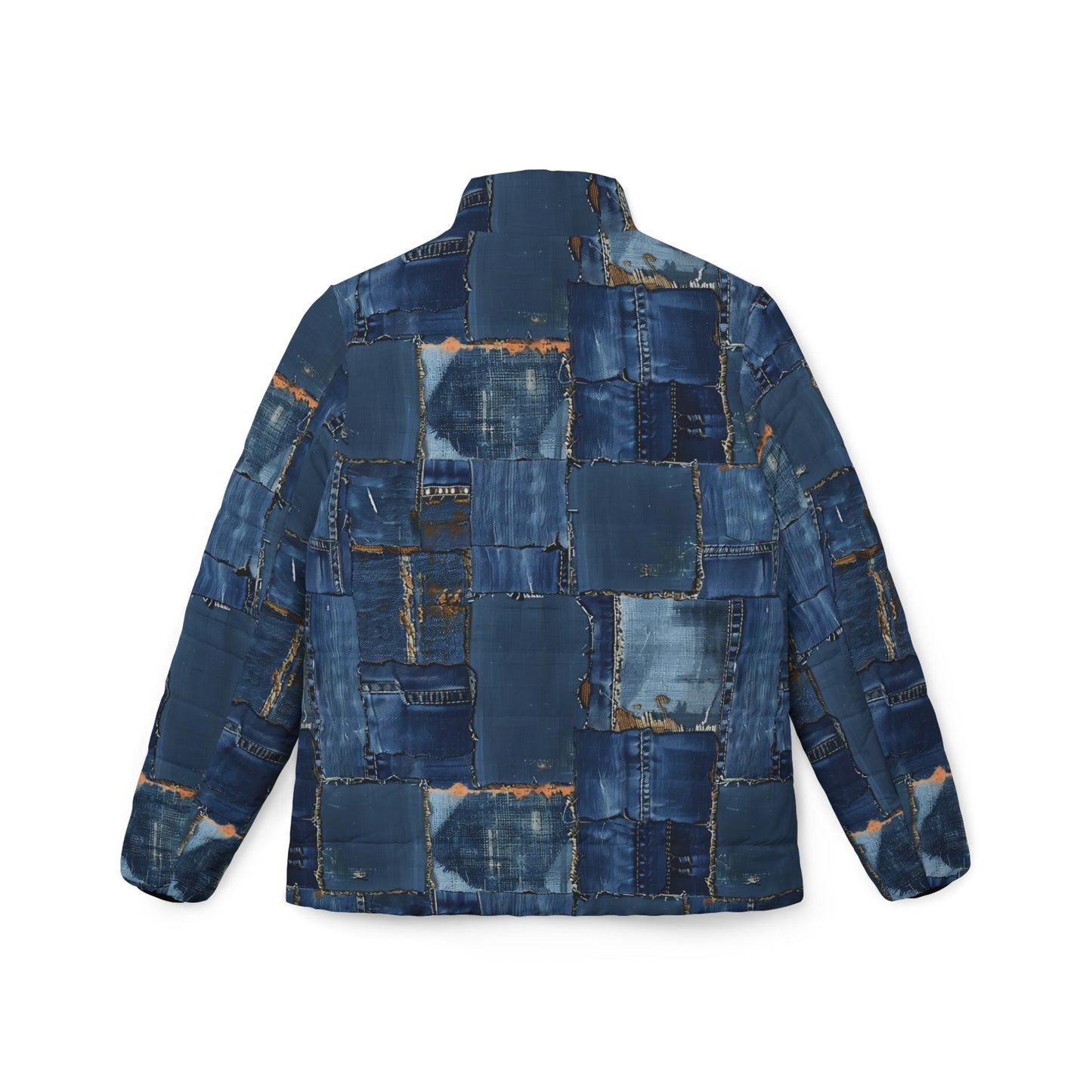 Flat lay of denim texture puffer jacket with zipper and side pockets – Rave Drip outerwear back view