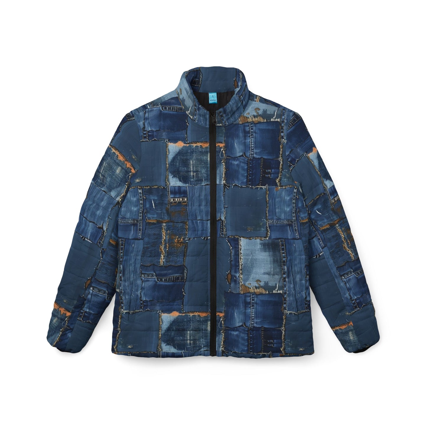 Flat lay of denim texture puffer jacket with zipper and side pockets – Rave Drip outerwear front view