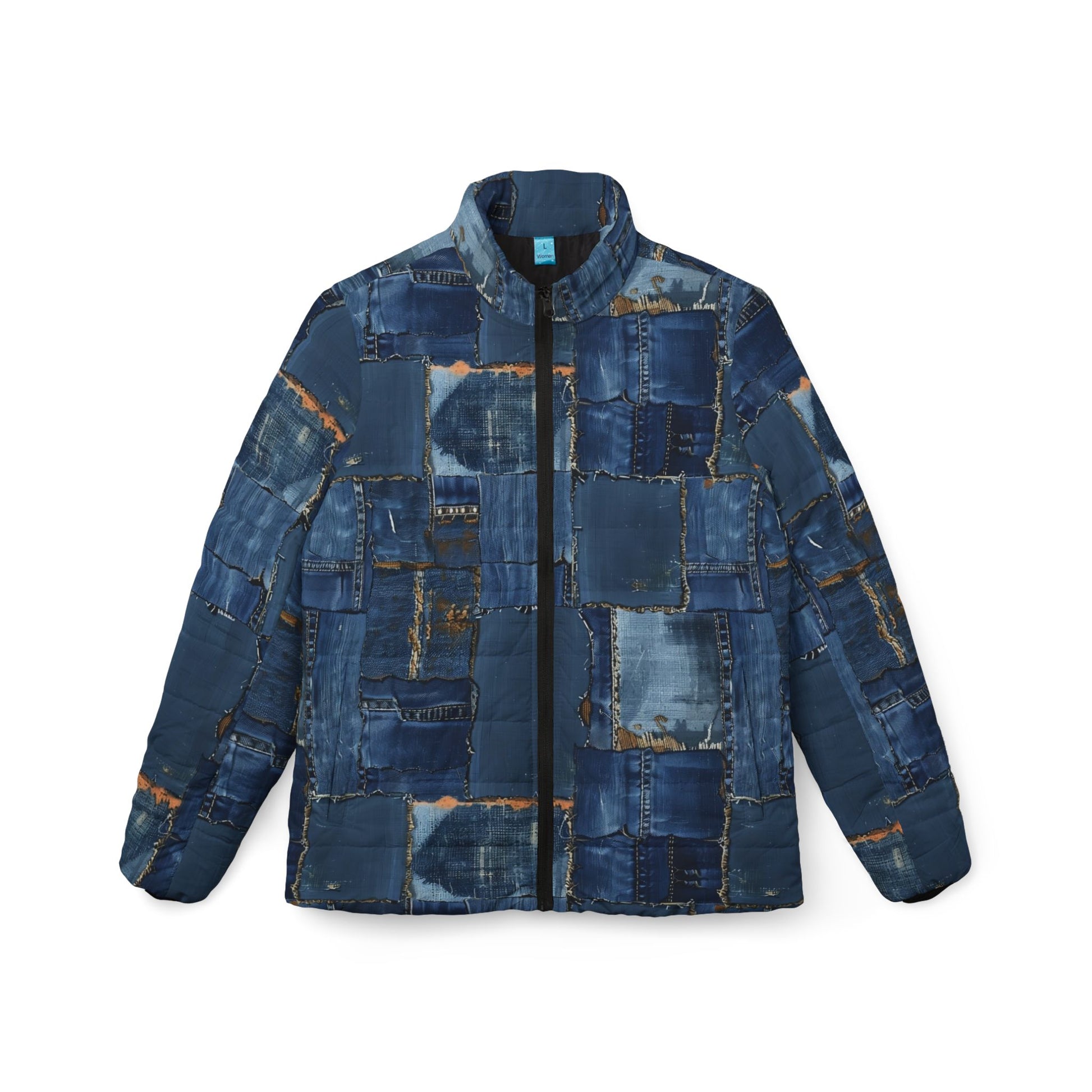 Flat lay of denim texture puffer jacket with zipper and side pockets – Rave Drip outerwear front view