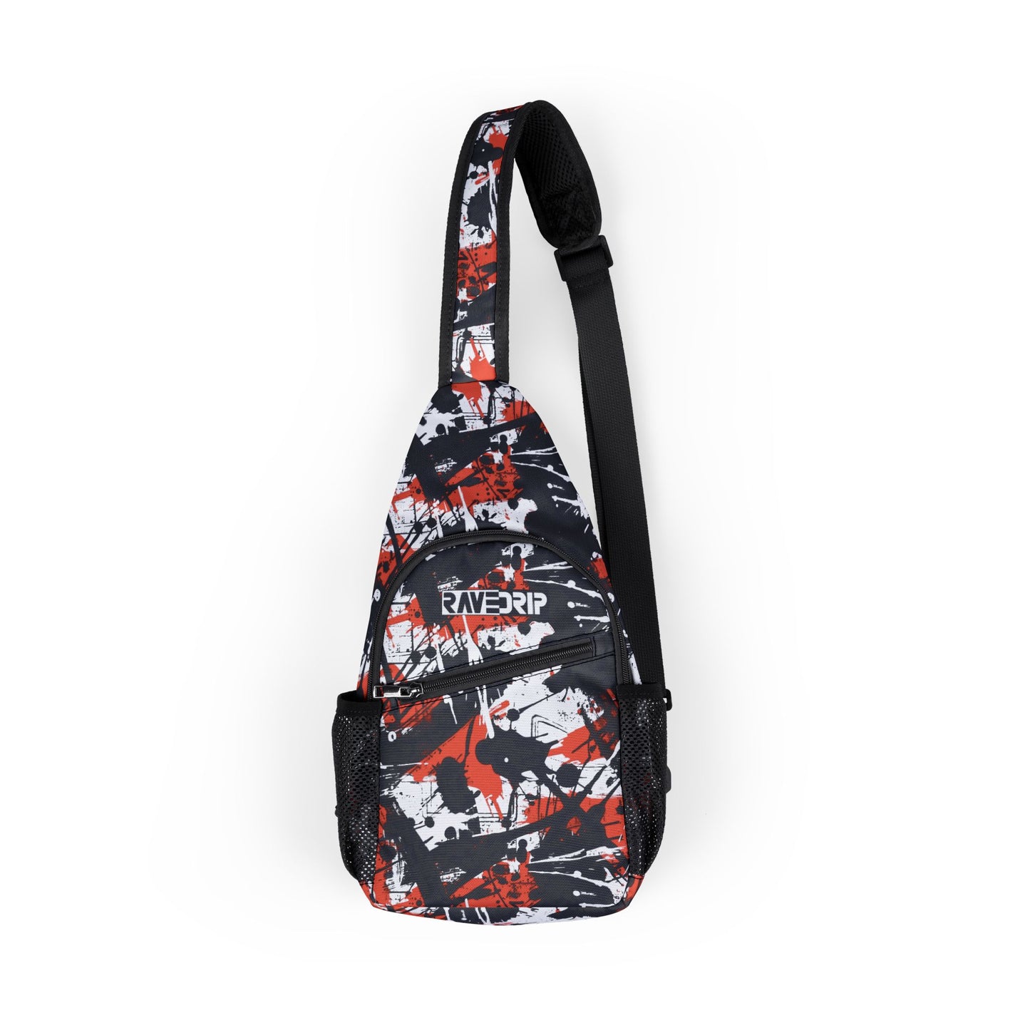 Flat lay of graffiti chest bag showcasing compartments and adjustable strap