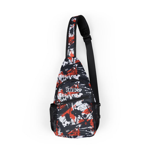 Flat lay of graffiti chest bag showcasing compartments and adjustable strap