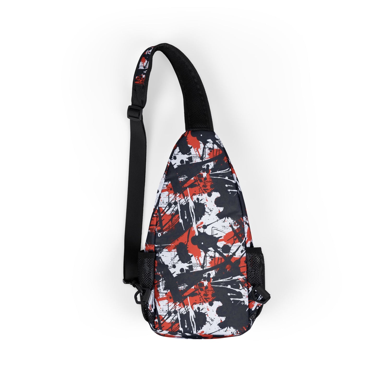 Flat lay of graffiti chest bag showcasing compartments and adjustable strap - back view