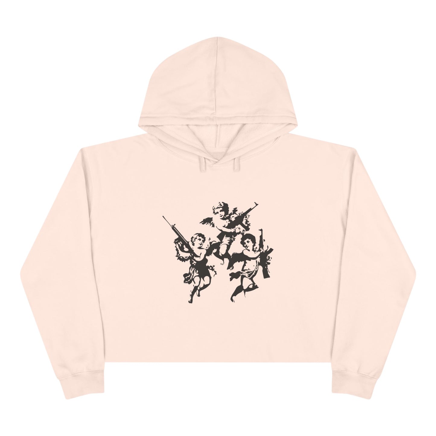 Flat lay of pink crop hoodie with Angels with Guns print – Rave Drip design front view