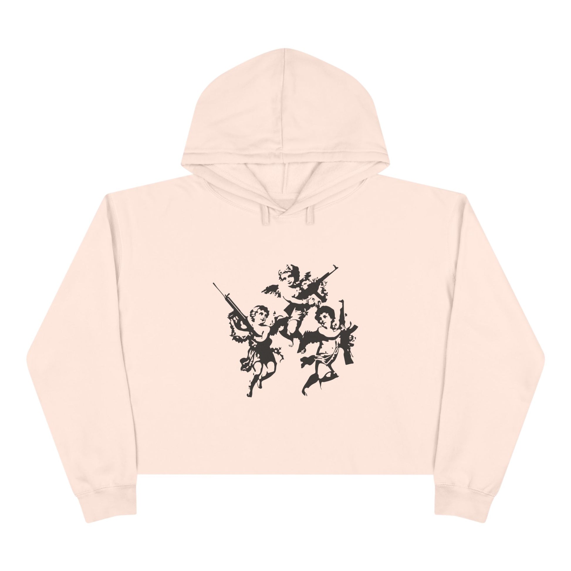 Flat lay of pink crop hoodie with Angels with Guns print – Rave Drip design front view