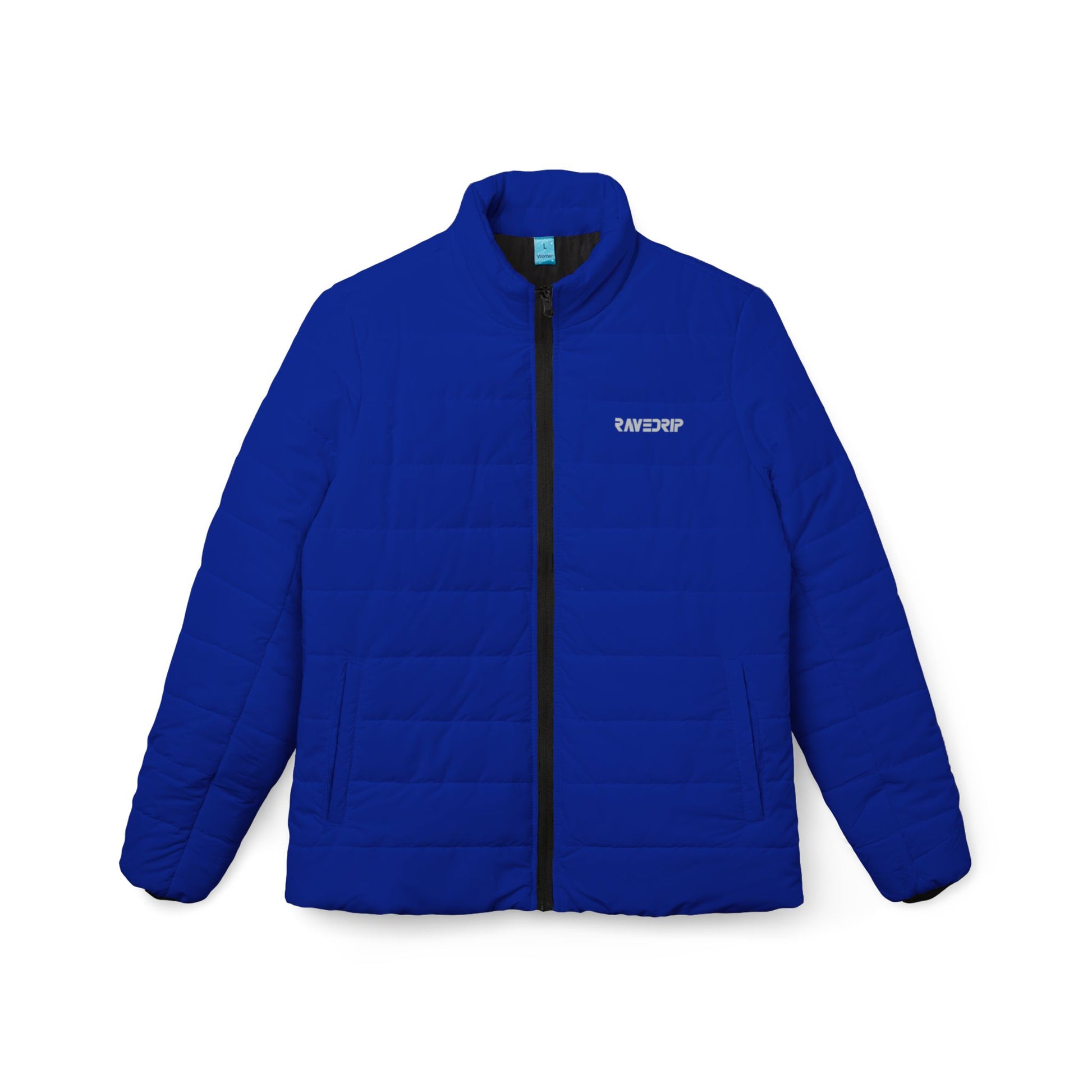 Flat lay product photography of the RAVEDRIP Cobalt Blue Light Puffer Jacket front view, showing the horizontal quilted panels and contrast black zipper on a clean white background.