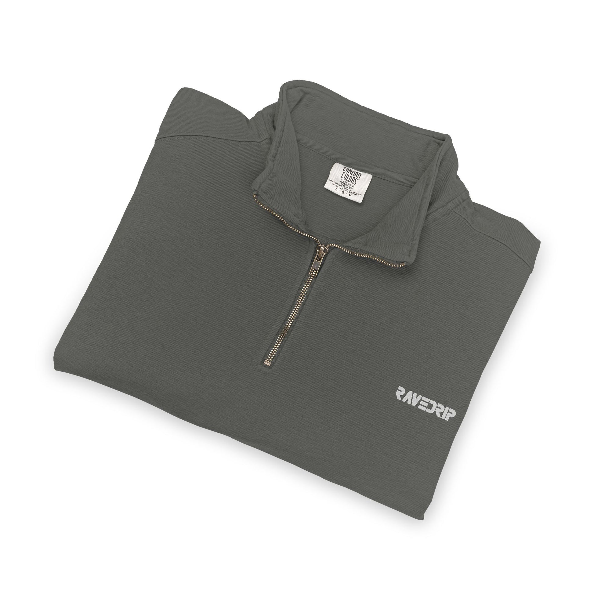 Folded flat lay display of the RAVEDRIP premium pepper charcoal quarter-zip sweatshirt, highlighting the thick heavy-knit cotton fleece texture and metallic zipper detail on a solid white background.
