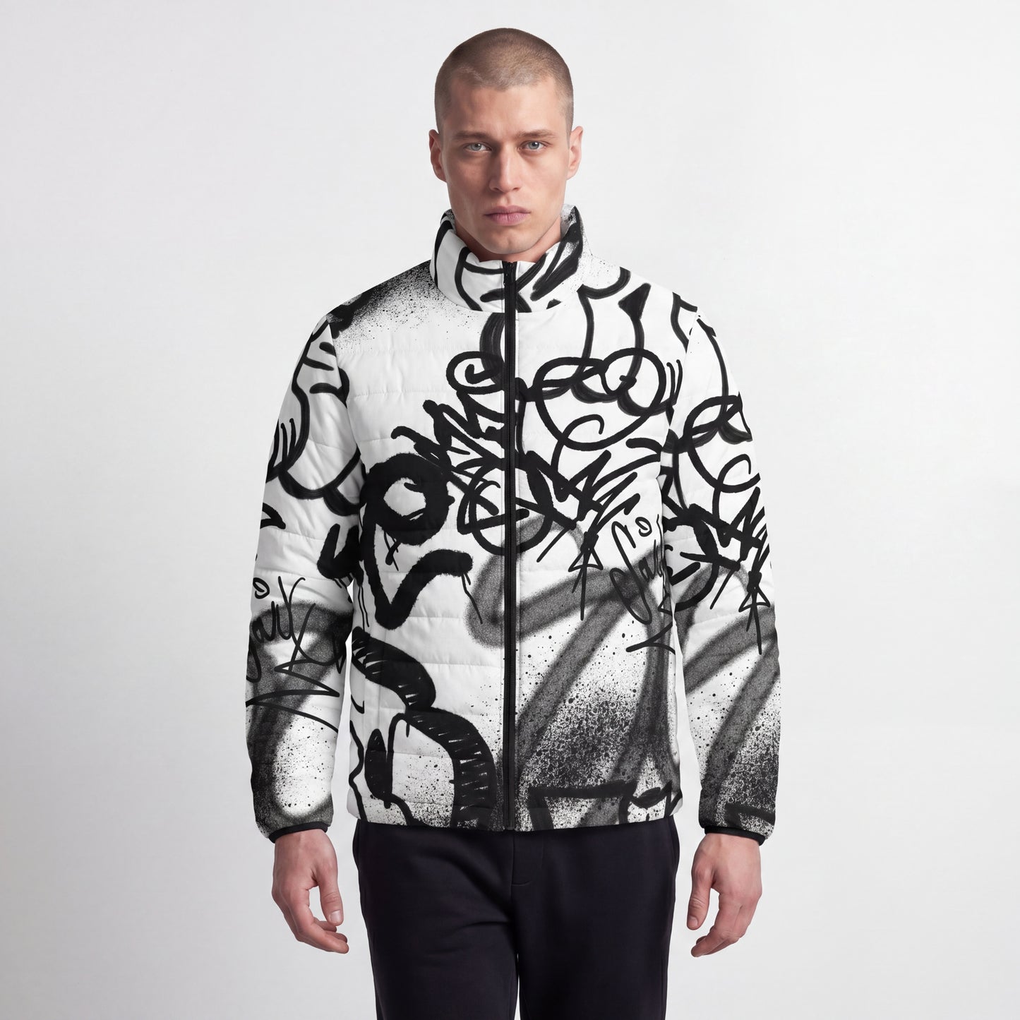 RAVEDRIP Stark White Abstract Graffiti Puffer Jacket
