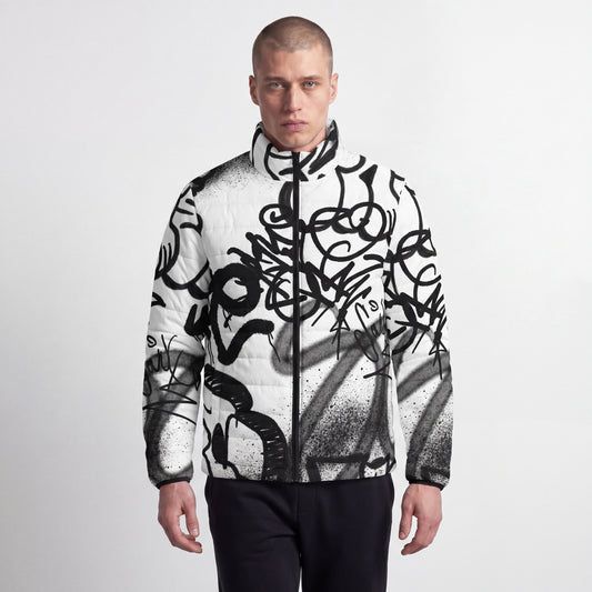 RAVEDRIP Stark White Abstract Graffiti Puffer Jacket