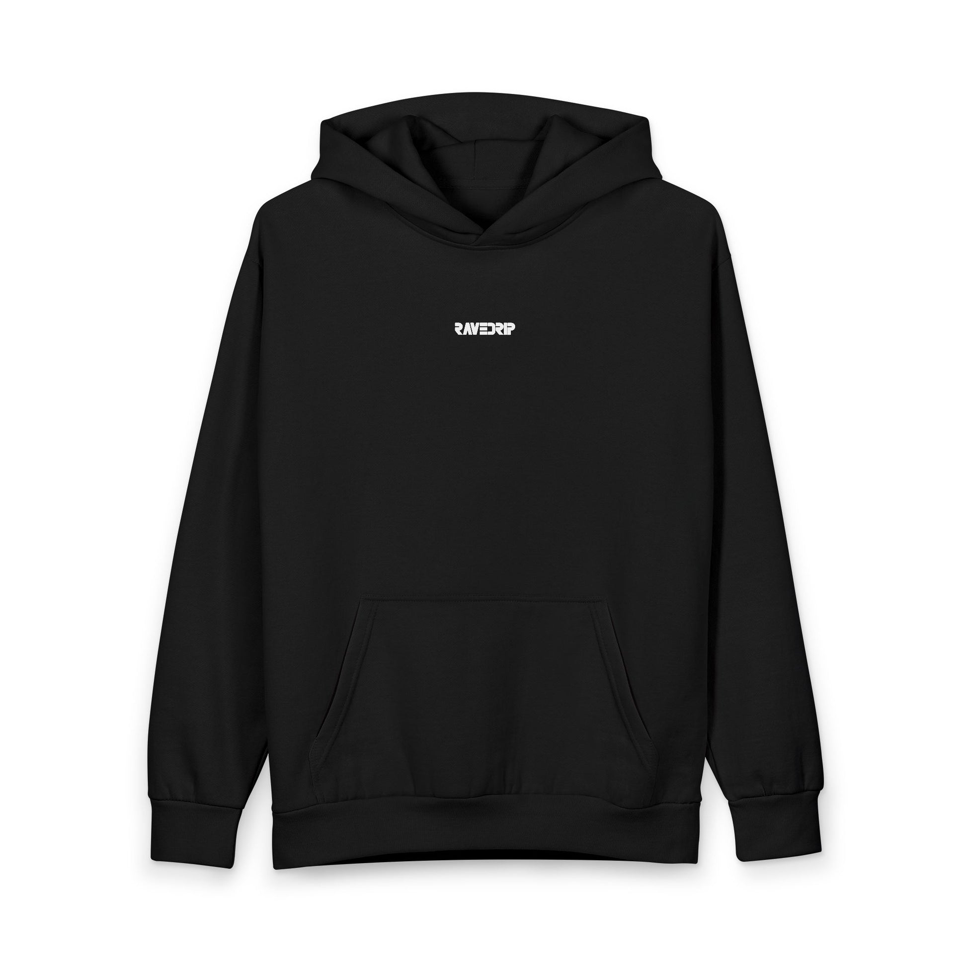 Front flat lay view of the RAVEDRIP Blank Slate Heavyweight Hoodie in matte black, showcasing the clean drawstring-free and grommetless neckline, the centered high-density white micro-logo, and the matte kangaroo pocket.