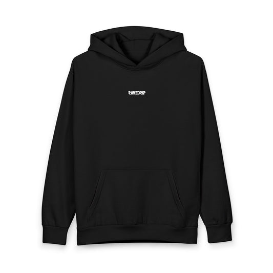 Front flat lay view of the RAVEDRIP Blank Slate Heavyweight Hoodie in matte black, showcasing the clean drawstring-free and grommetless neckline, the centered high-density white micro-logo, and the matte kangaroo pocket.