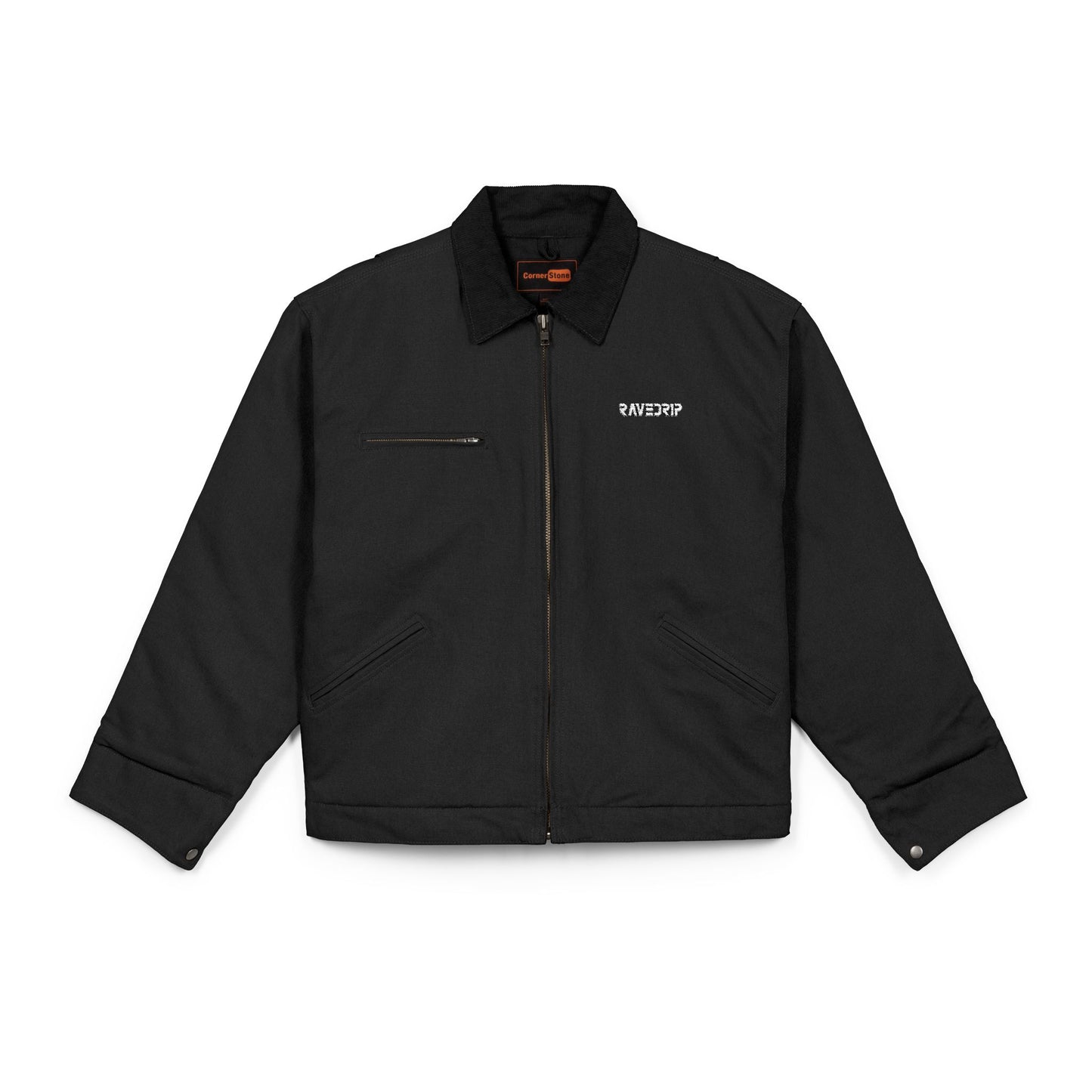 Front flat lay view of the RAVEDRIP Blank Slate Structured Canvas Jacket in matte black, highlighting the tailored slash pockets, corduroy collar, and industrial front zip hardware.