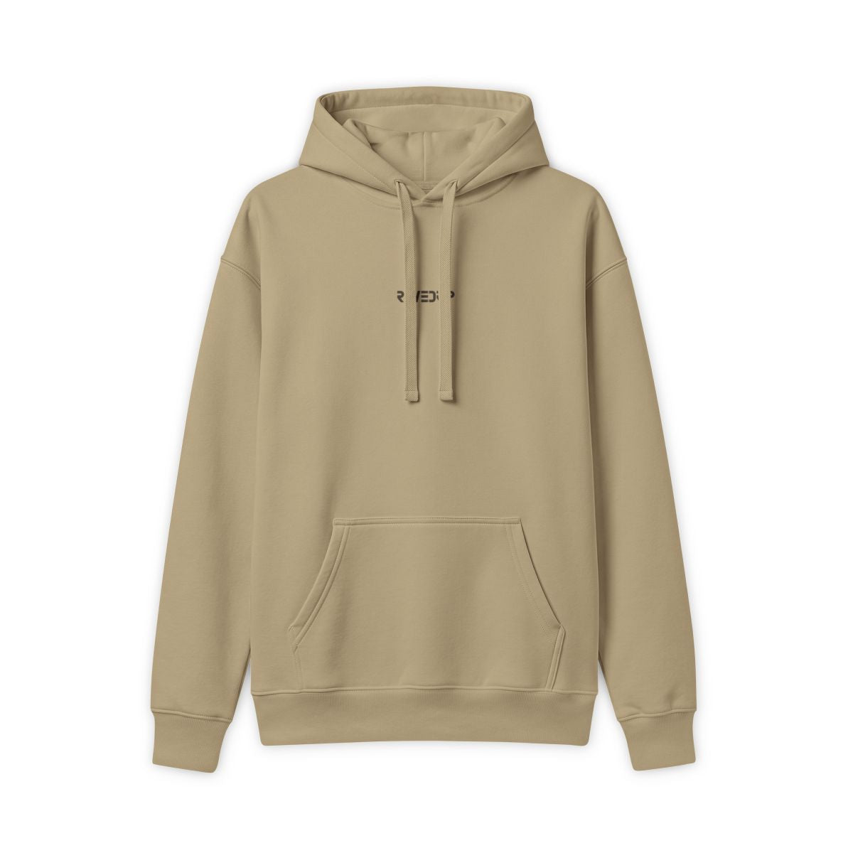 Front flat lay view of the RAVEDRIP Core Fleece Heavyweight Hoodie in khaki brown, showcasing the minimal black logo centered on the chest and the spacious kangaroo pouch pocket.