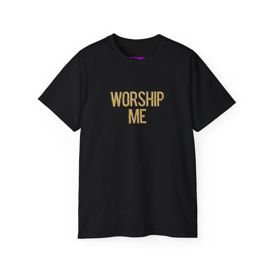 Front of black unisex cotton tee with bold white 'Worship Me' text graphic across chest