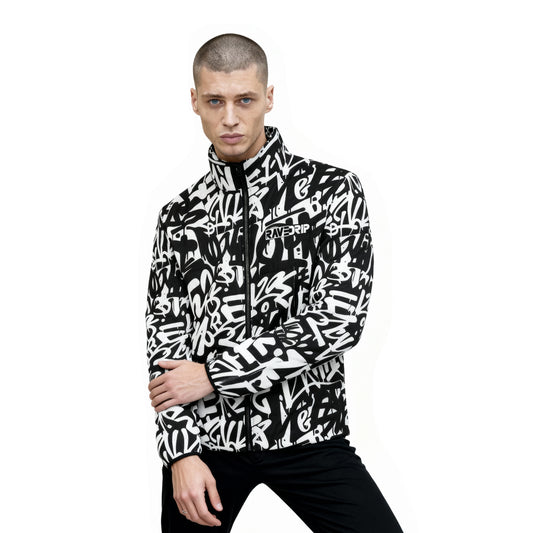 Front three-quarter view of a male model wearing the RAVEDRIP black and white all-over abstract graffiti print puffer jacket with a high stand-up collar.