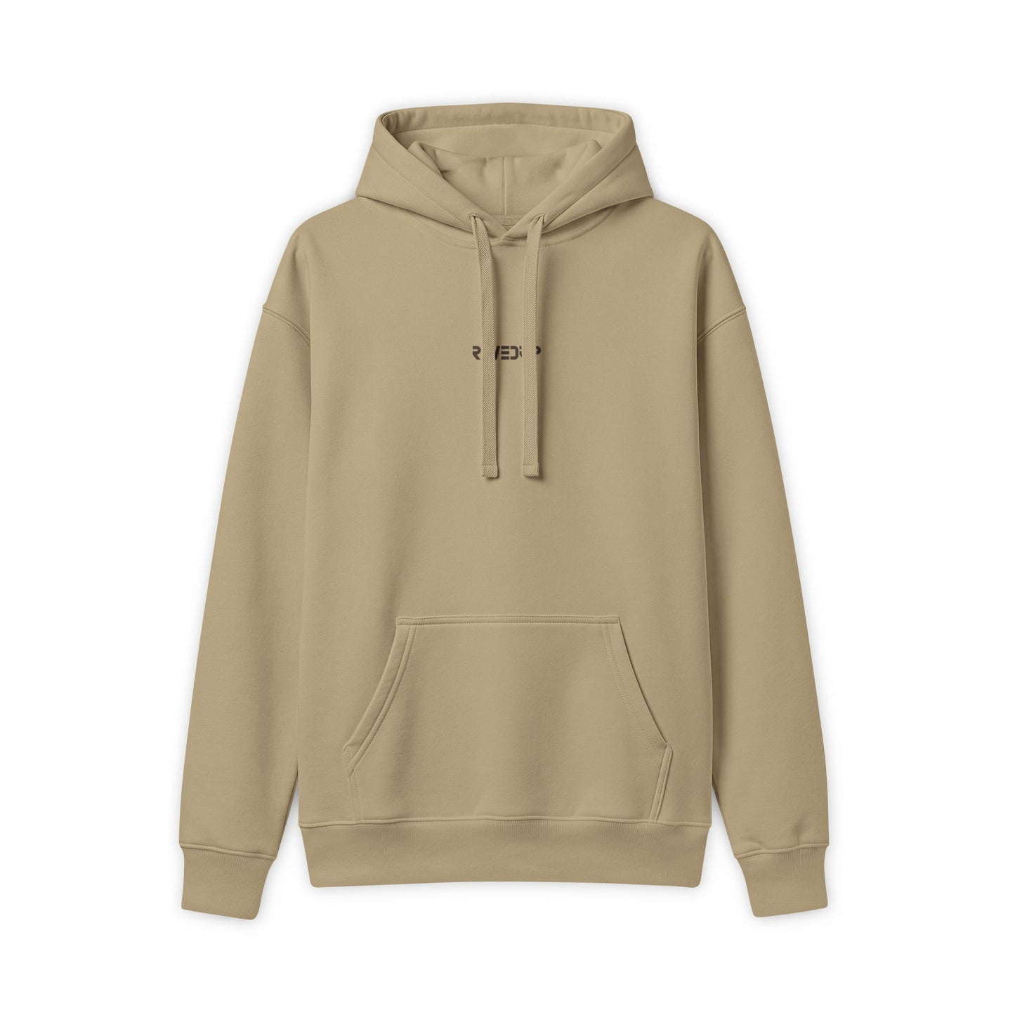 Front view flat lay mockup of the RAVEDRIP Hammer Maxweight heavyweight 10.5oz hoodie in Tan sand color. Features a structured unisex silhouette, adjustable drawstring hood, a deep front pouch pocket, ribbed cuffs, and a small minimalist RAVEDRIP text logo embroidered in black high-density thread on the high chest.