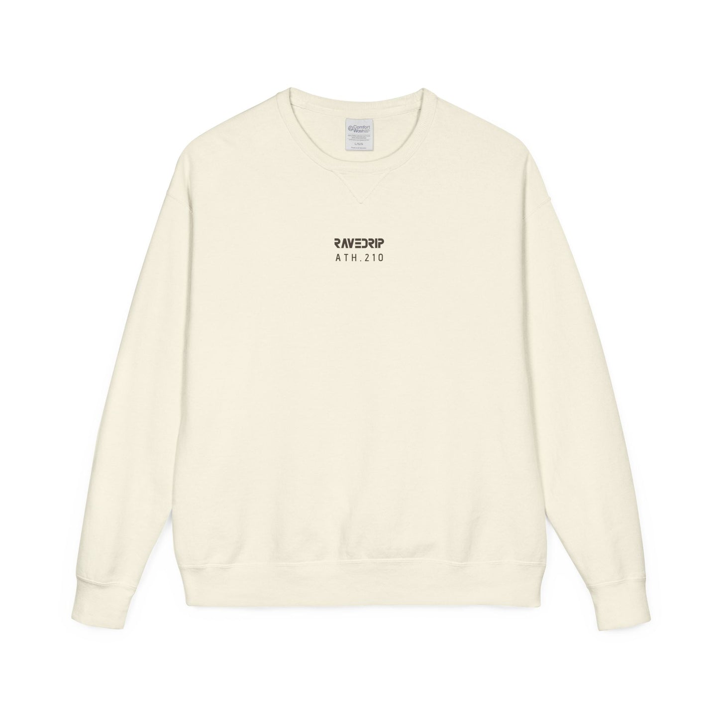 Front view flat lay of the RAVEDRIP Core crewneck sweatshirt in garment-dyed cream featuring a centered washed charcoal ATH.210 logo and V-notch collar detail on a pure white background.