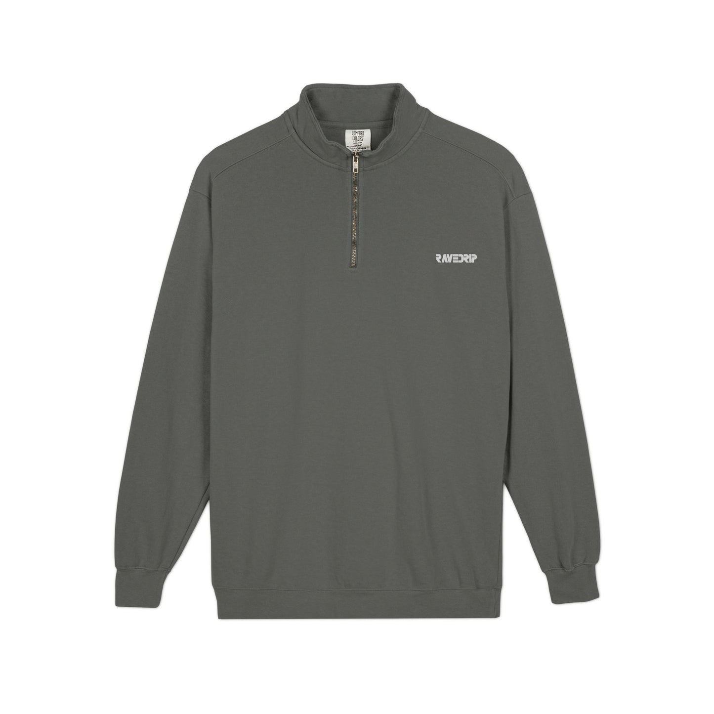 Front view flat lay of the RAVEDRIP heavyweight quarter-zip sweatshirt in vintage wash pepper charcoal featuring minimal chest embroidery on a pure white background.