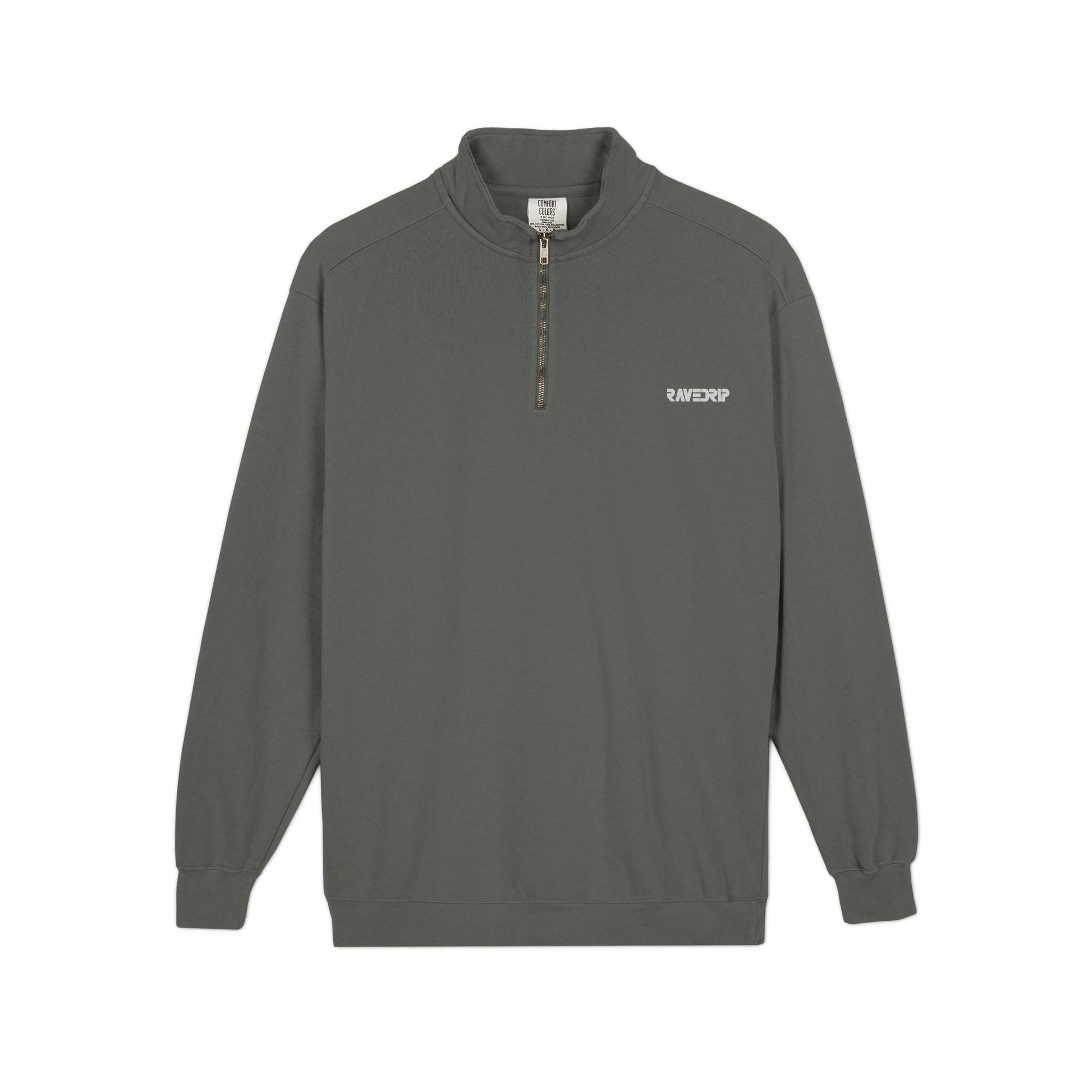 Front view flat lay of the RAVEDRIP heavyweight quarter-zip sweatshirt in vintage wash pepper charcoal featuring minimal chest embroidery on a pure white background.