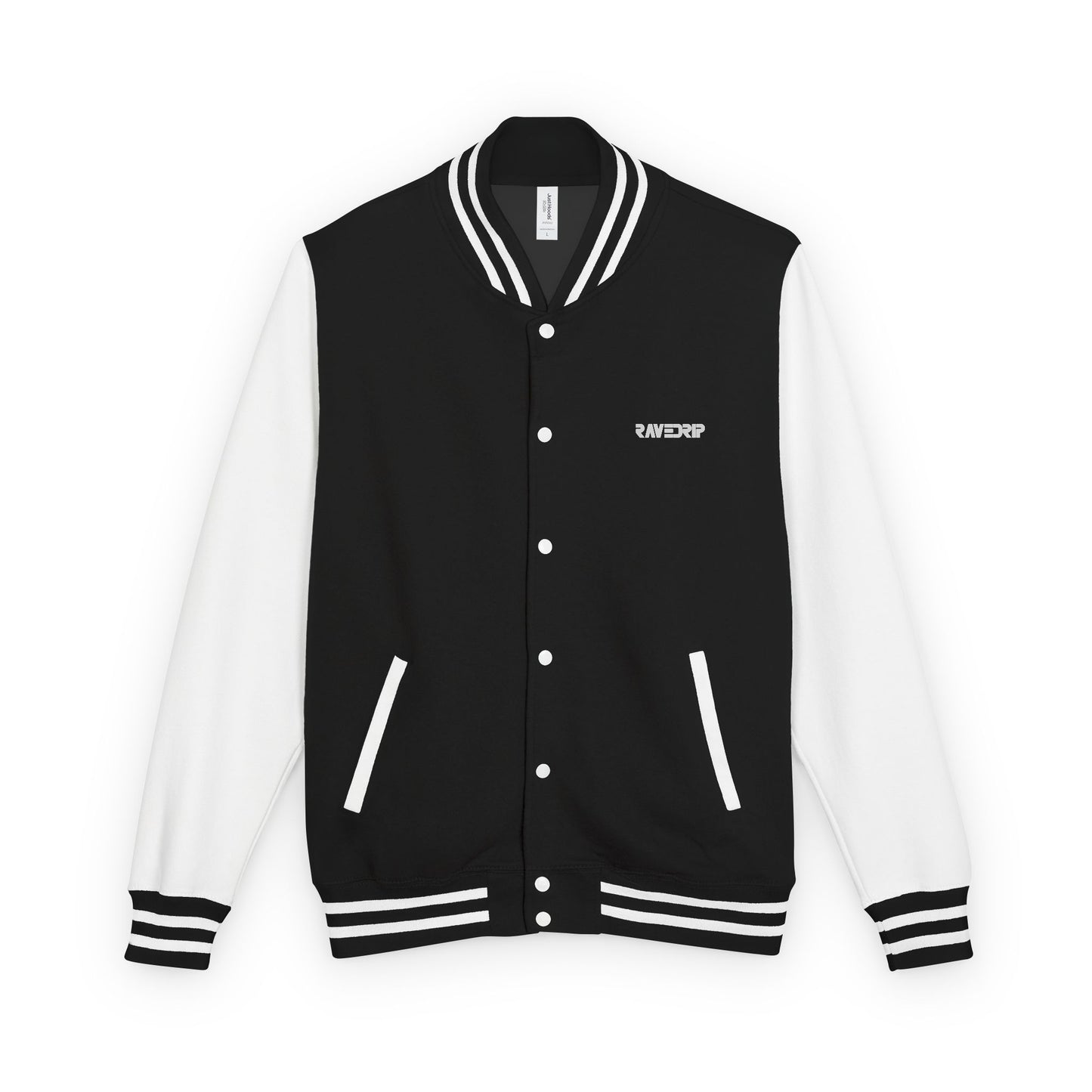 Front view flat lay of the RAVEDRIP heavyweight varsity jacket in black and white with premium snap buttons.