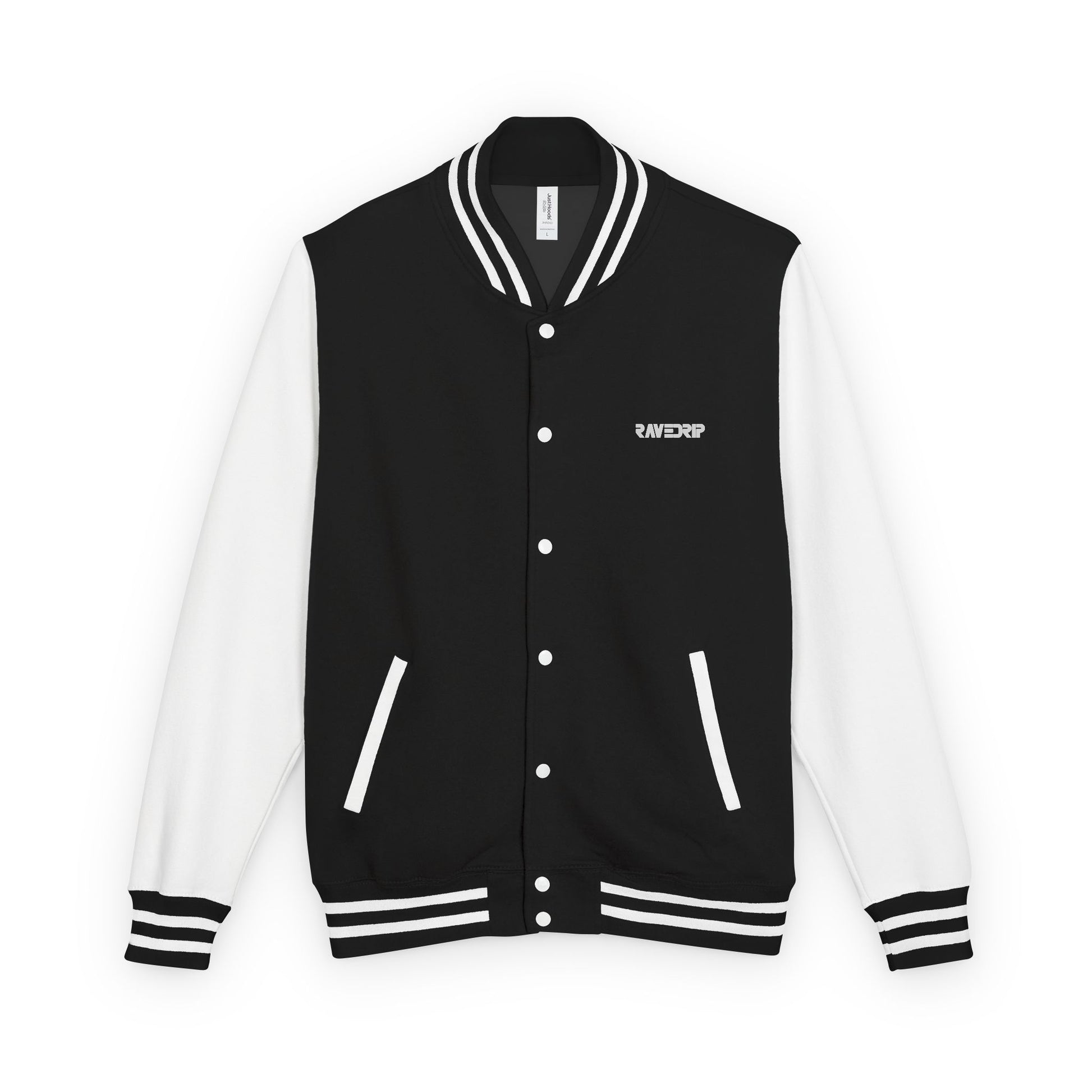 Front view flat lay of the RAVEDRIP heavyweight varsity jacket in black and white with premium snap buttons.