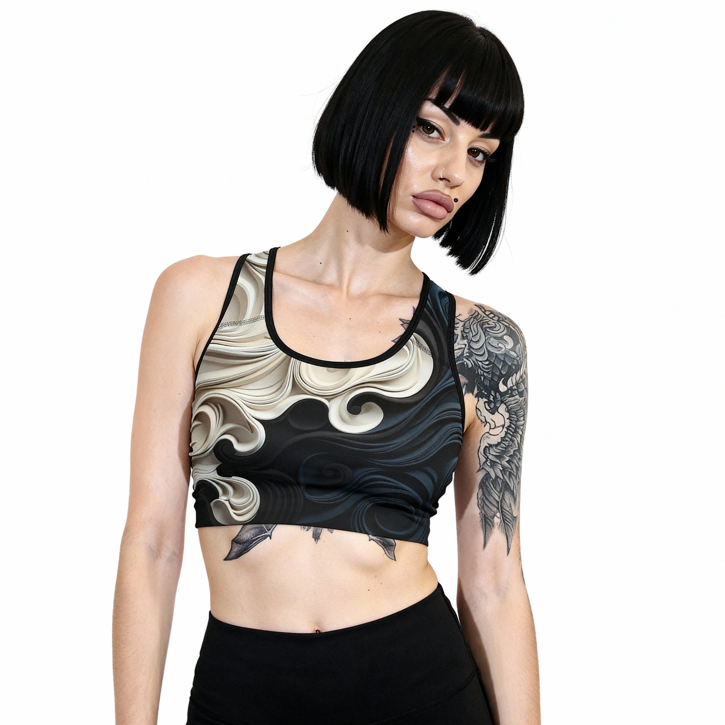 3D Achromatic Flow Sports Bra – Power in Motion, Styled in Monochrome