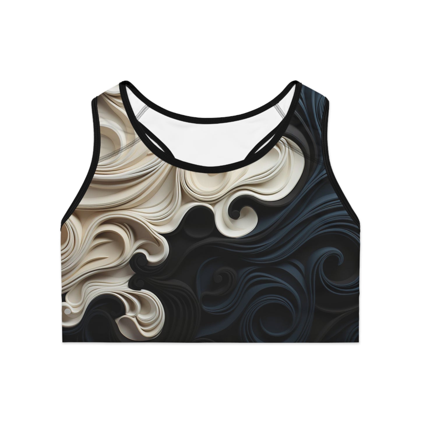 Front view of 3D Achromatic Flow sports bra with black and white abstract swirl design and wide compression band
