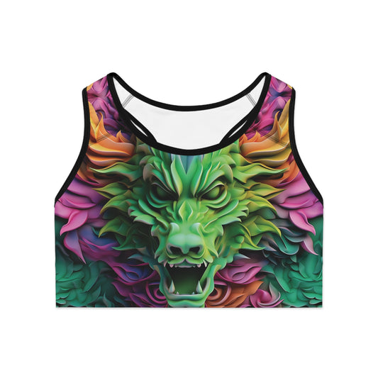 Front view of 3D green dragon sports bra with bold all-over dragon print and supportive compression band

