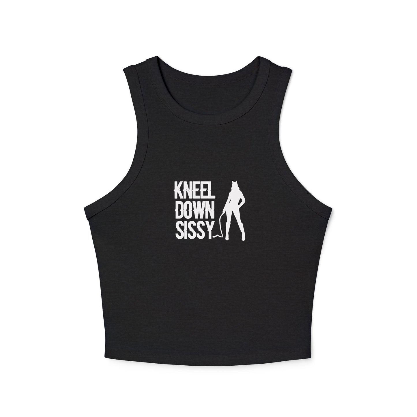 Front view of Kneel Down Sissy women’s racer tank top – sleek micro rib texture and high neck design, laid flat