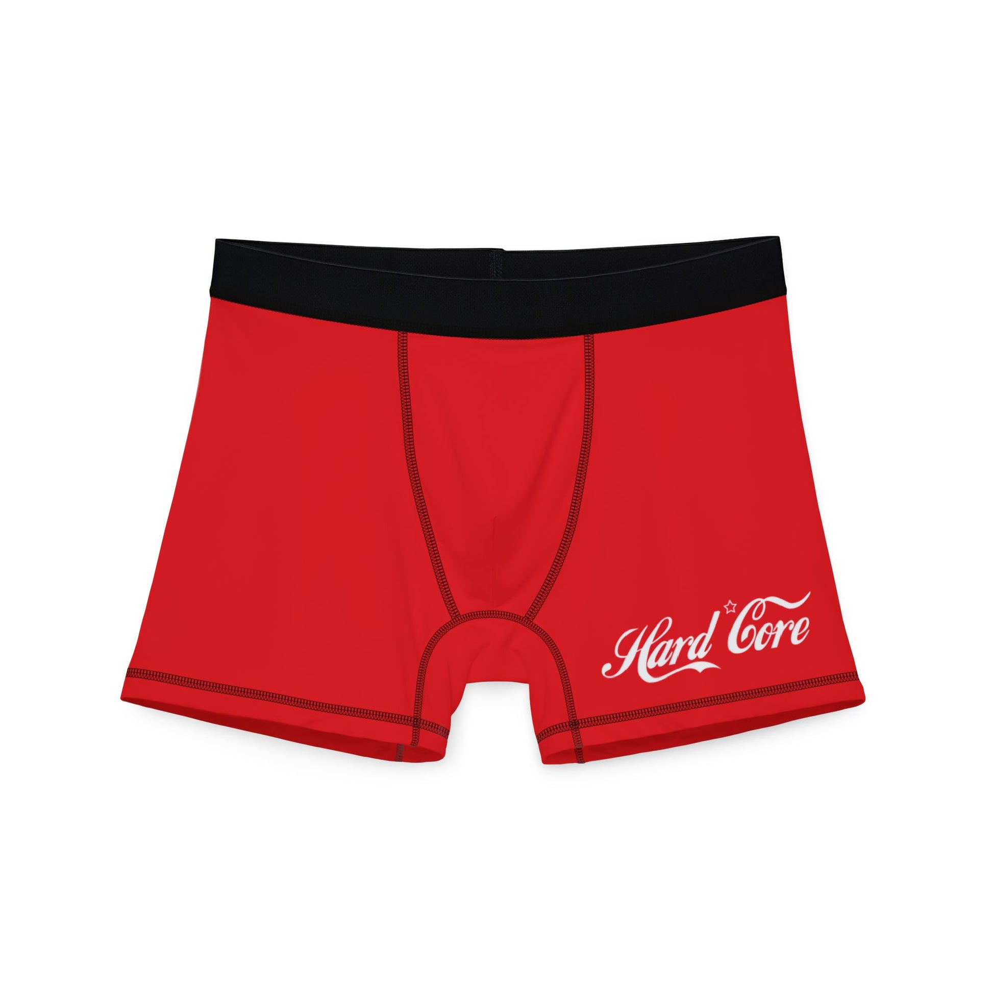 Front view of Men's Hardcore Red Boxers with bold graphic design and soft waistband