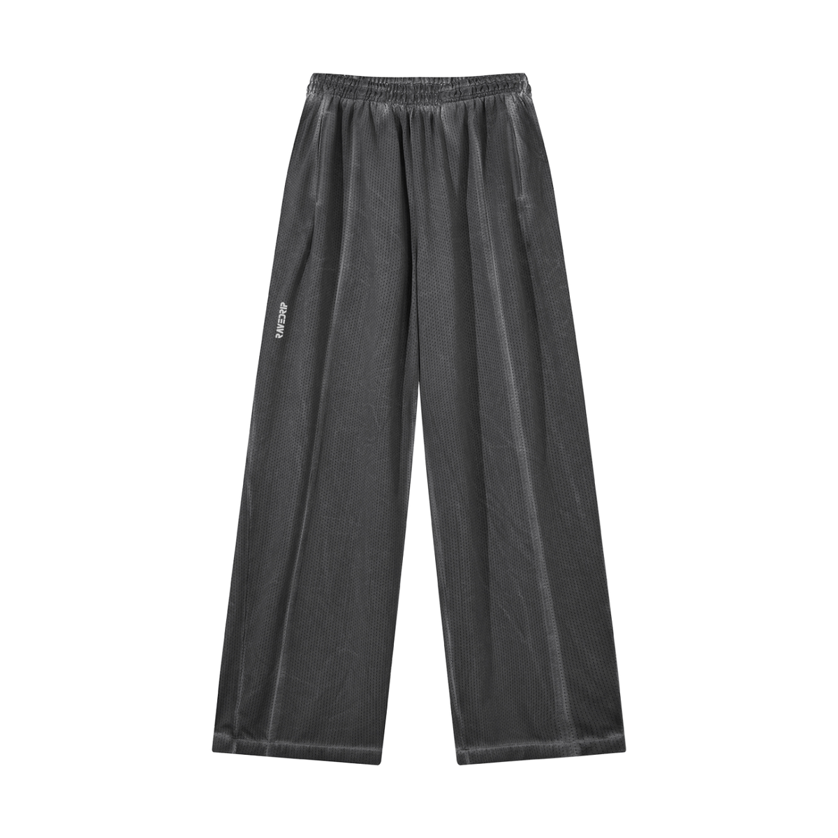 Back view of RAVEDRIP unisex vintage wash wide leg mesh sweatpants, highlighting the wide-leg cut and washed surface.