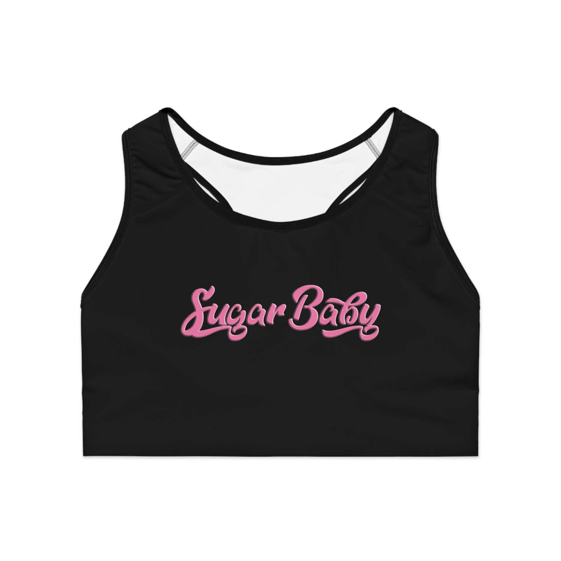 Front view of “Sugar Baby” sports bra with pink all‑over print and supportive double‑layer front

