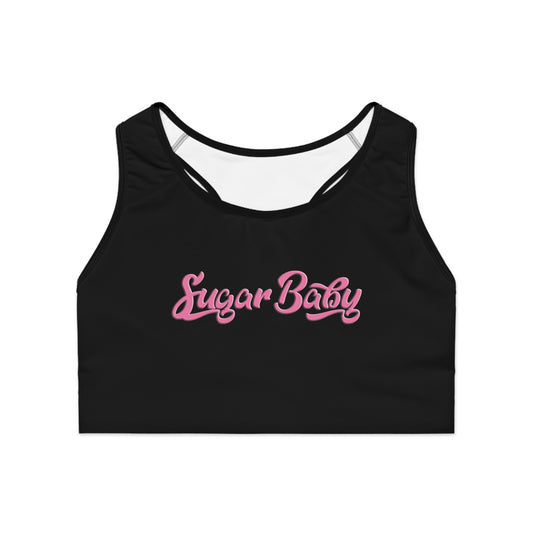 Front view of “Sugar Baby” sports bra with pink all‑over print and supportive double‑layer front

