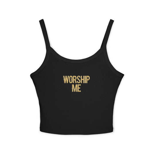 Front view of Worship Me spaghetti strap tank top with bold text, soft fabric, and flattering mid-length design
