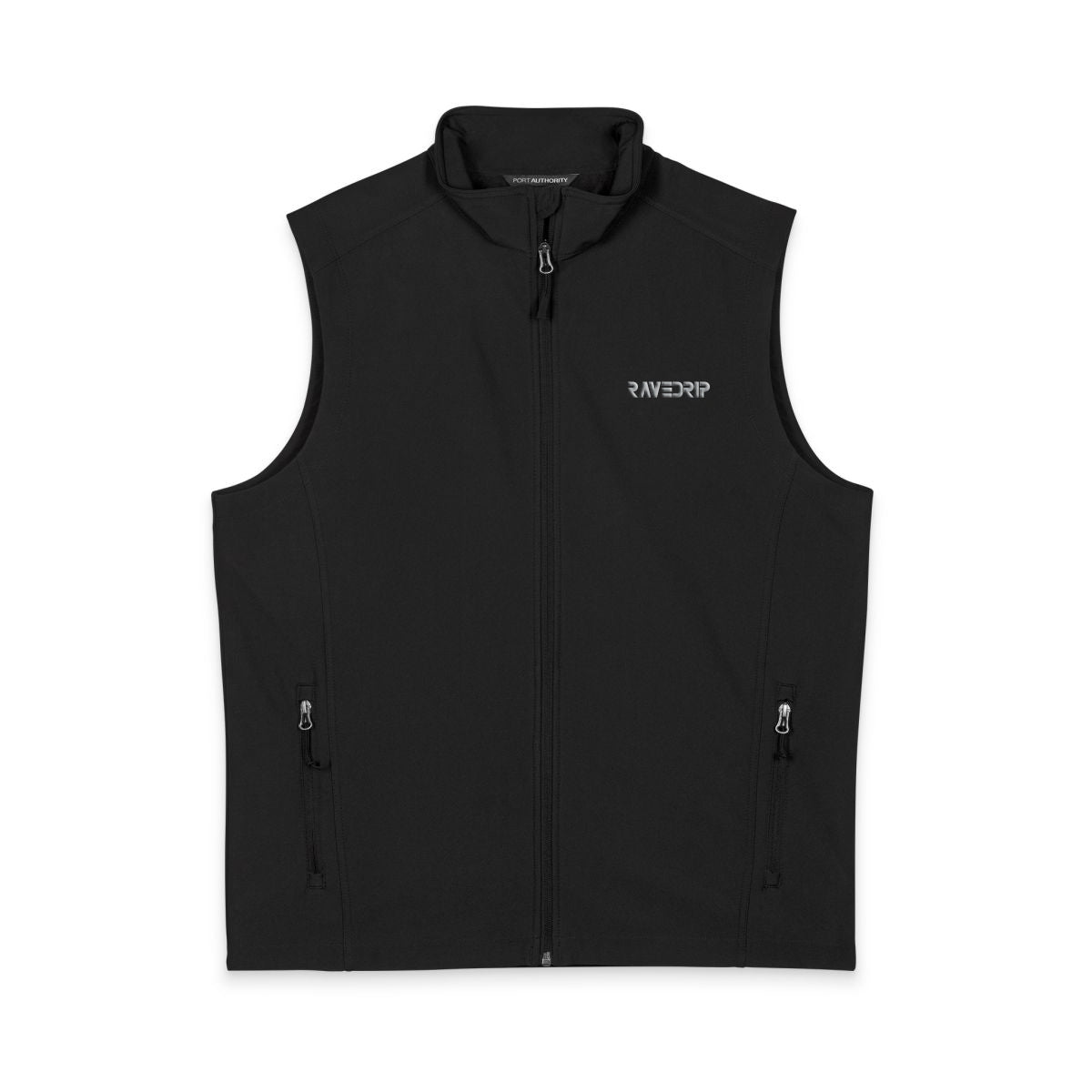 Front view of black RAVEDRIP Sector 210 Tactical Utility Vest featuring silver logo embroidery and technical weather-resistant fabric.