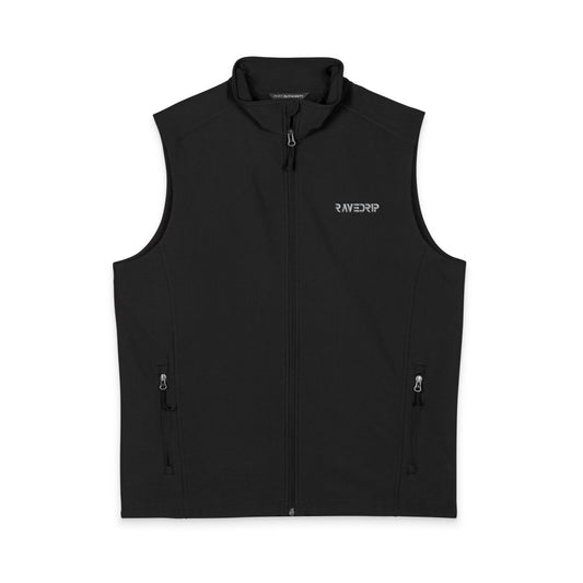 Front view of black RAVEDRIP Sector 210 Tactical Utility Vest featuring silver logo embroidery and technical weather-resistant fabric.