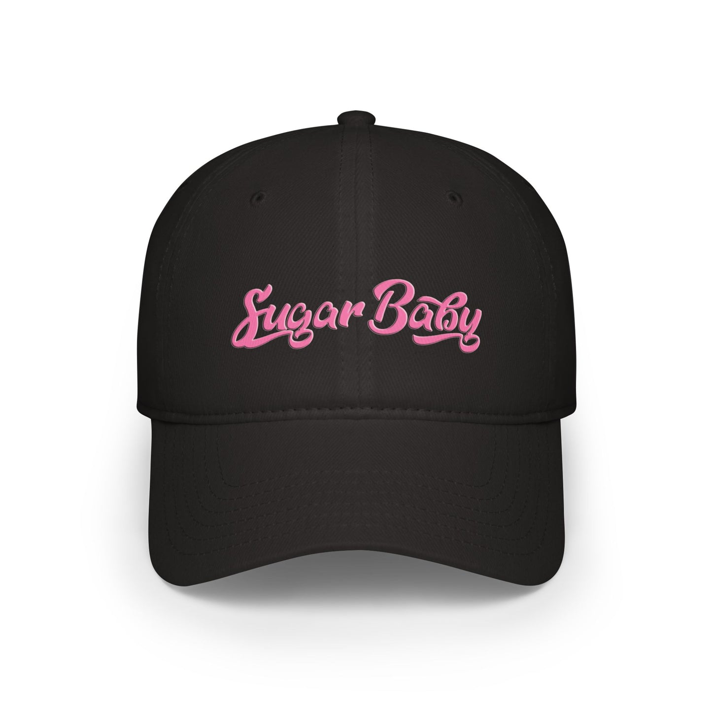 Front view of black “Sugar Baby” cotton cap with minimalist embroidery and breathable cotton twill
