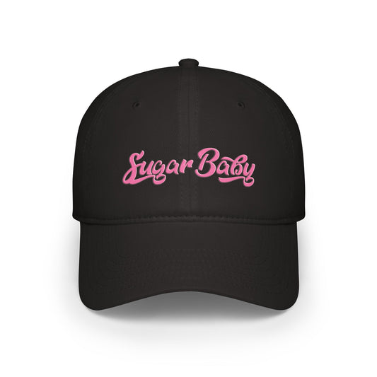 Front view of black “Sugar Baby” cotton cap with minimalist embroidery and breathable cotton twill
