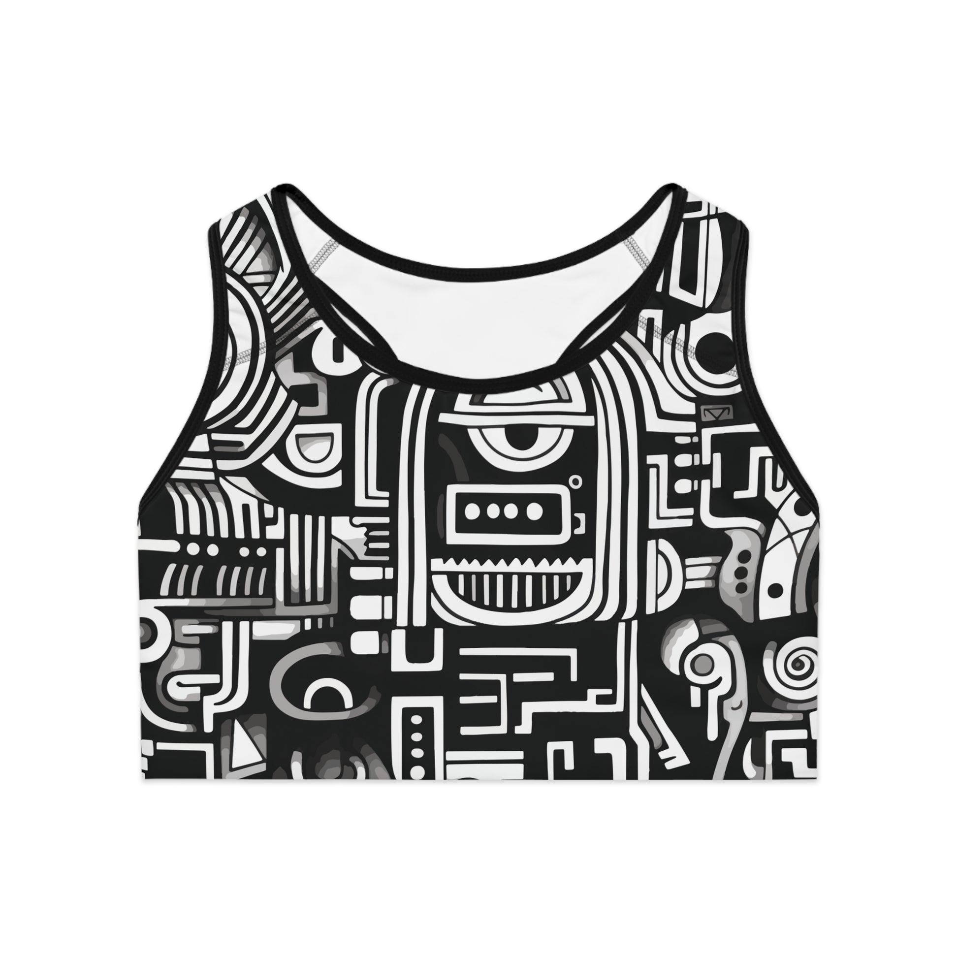 Front view of black and white doodle pattern sports bra with compression fit and wide elastic band