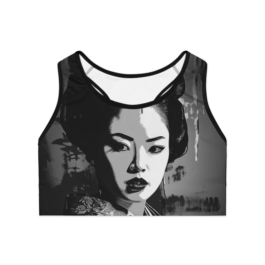 Front view of black and white geisha sports bra with elegant Japanese-inspired print and wide compression band