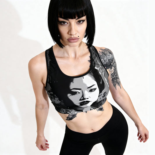 Black & White Geisha Sports Bra – Strength in Style, Grace in Motion