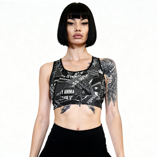 Black & White Magazine Sports Bra – Built to Move, Styled to Slay