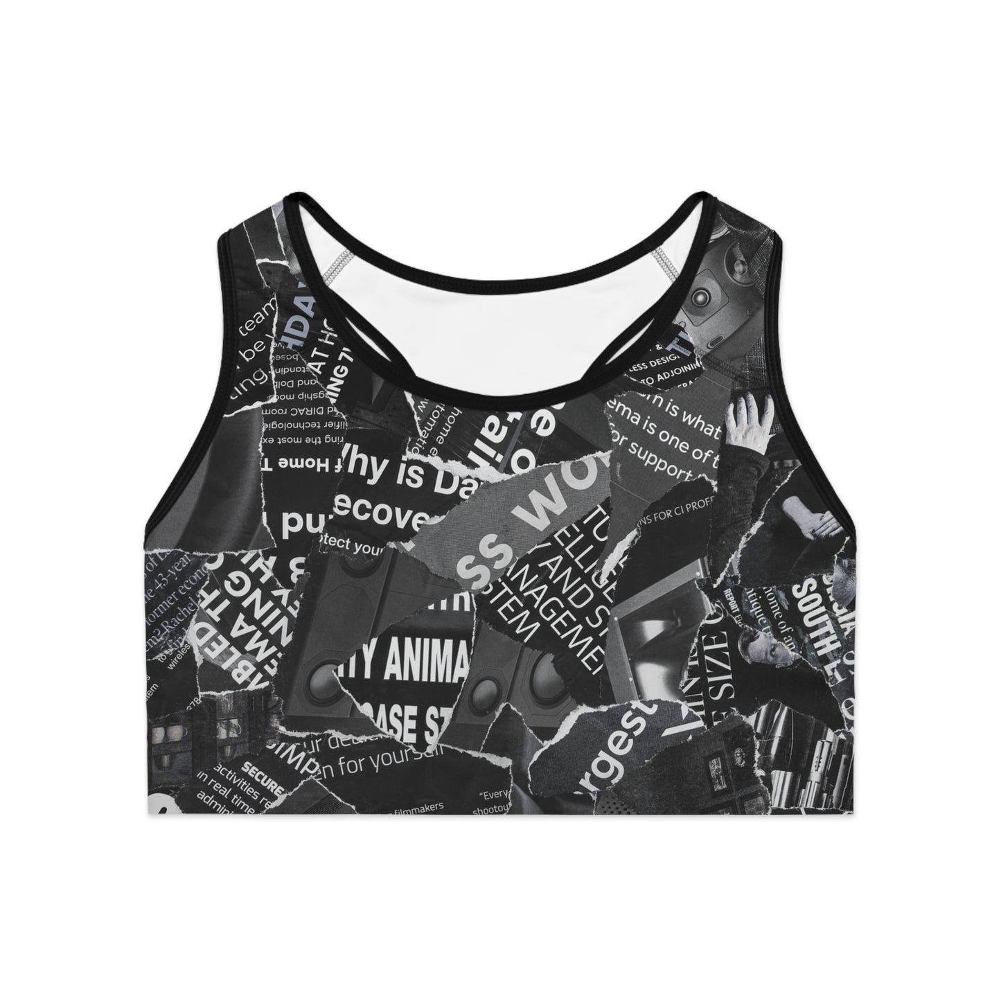 Front view of black and white magazine print sports bra with editorial collage design and wide compression band
