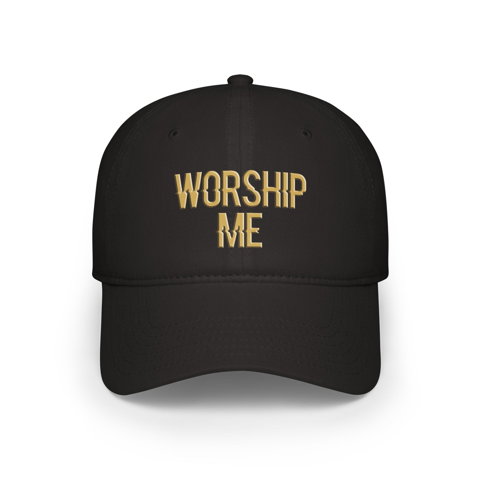 Front view of black cotton cap with “Worship Me” soft unstructured design.
