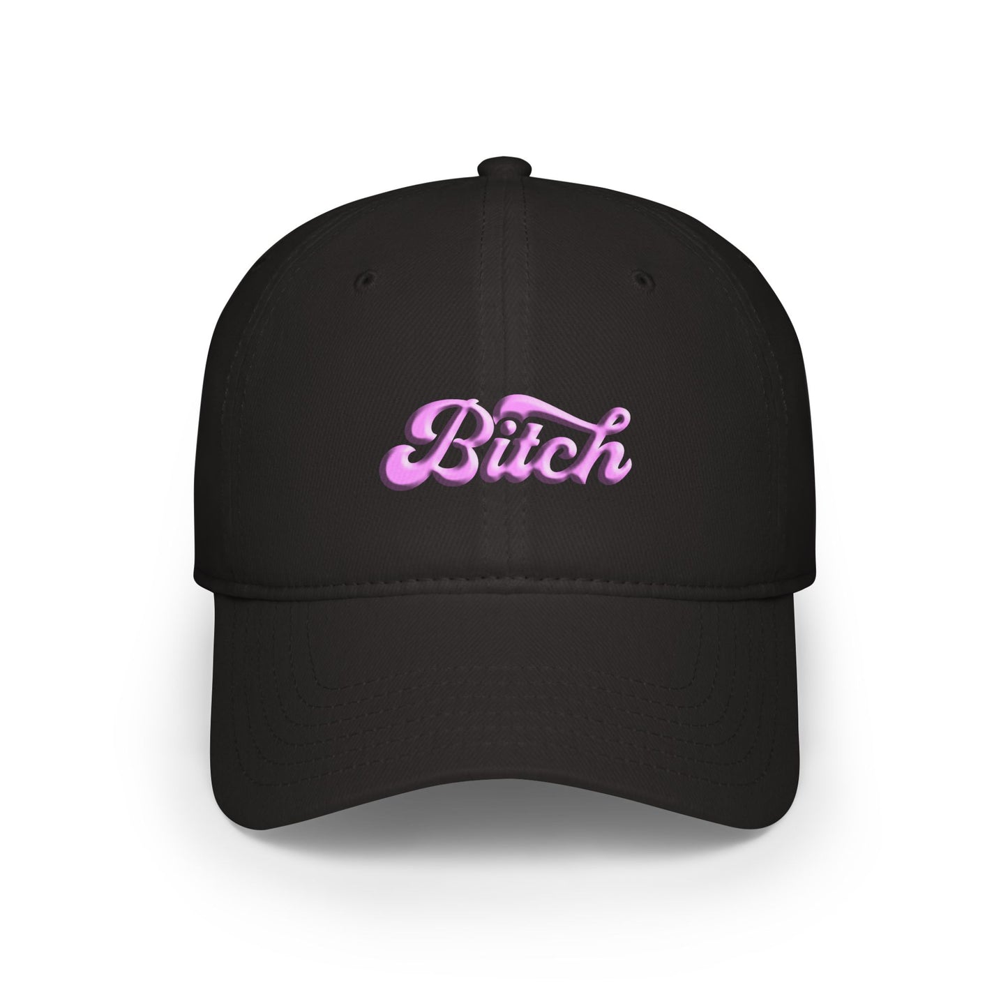 Front view of black cotton cap with bold white “Bitch” print and casual unstructured design