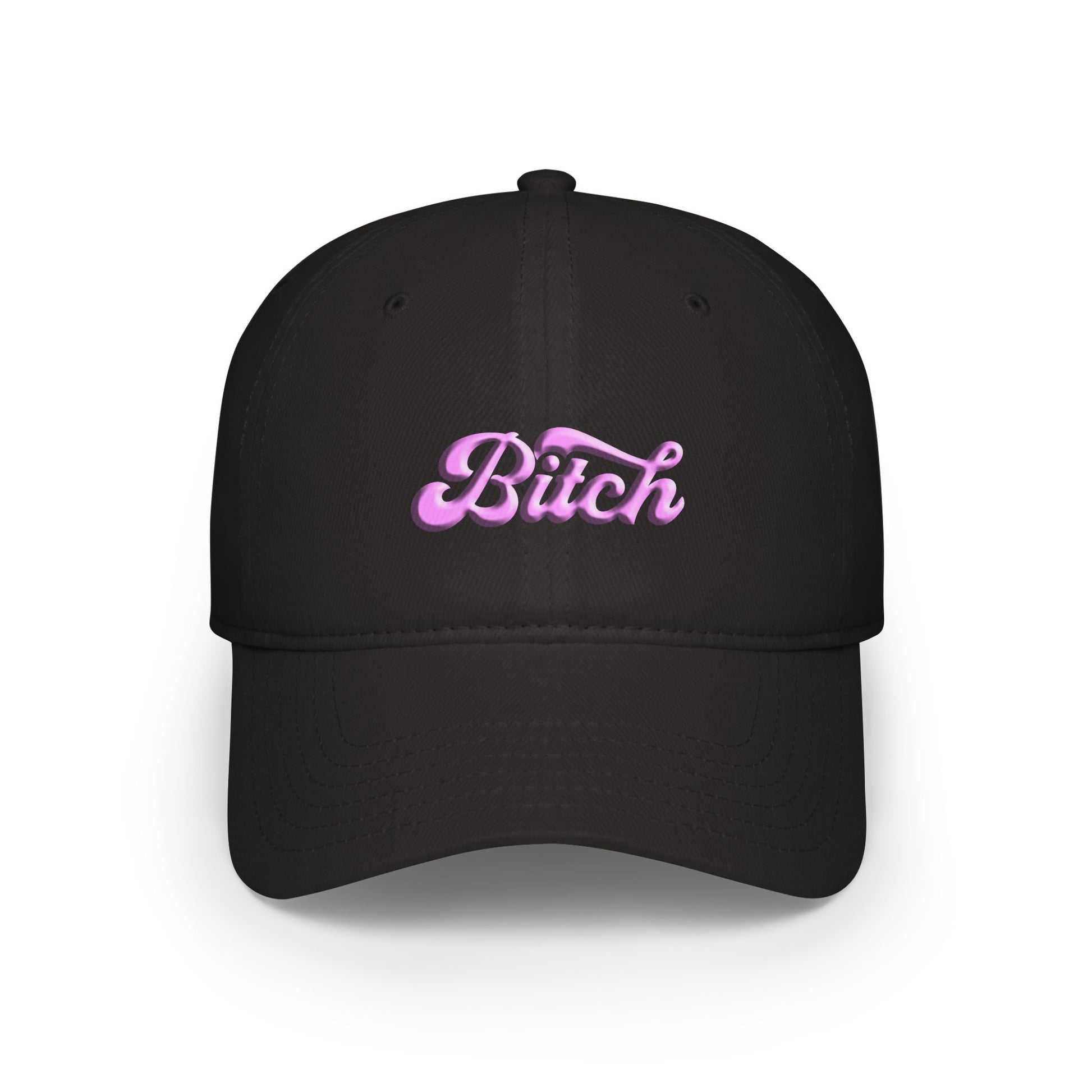 Front view of black cotton cap with bold white “Bitch” print and casual unstructured design