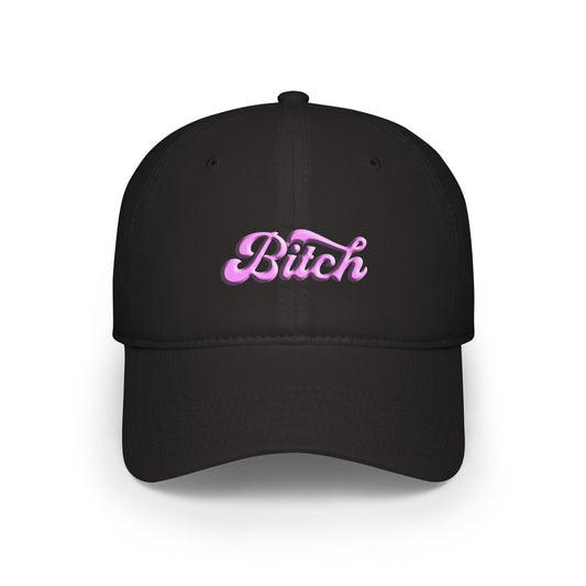 Front view of black cotton cap with bold white “Bitch” print and casual unstructured design