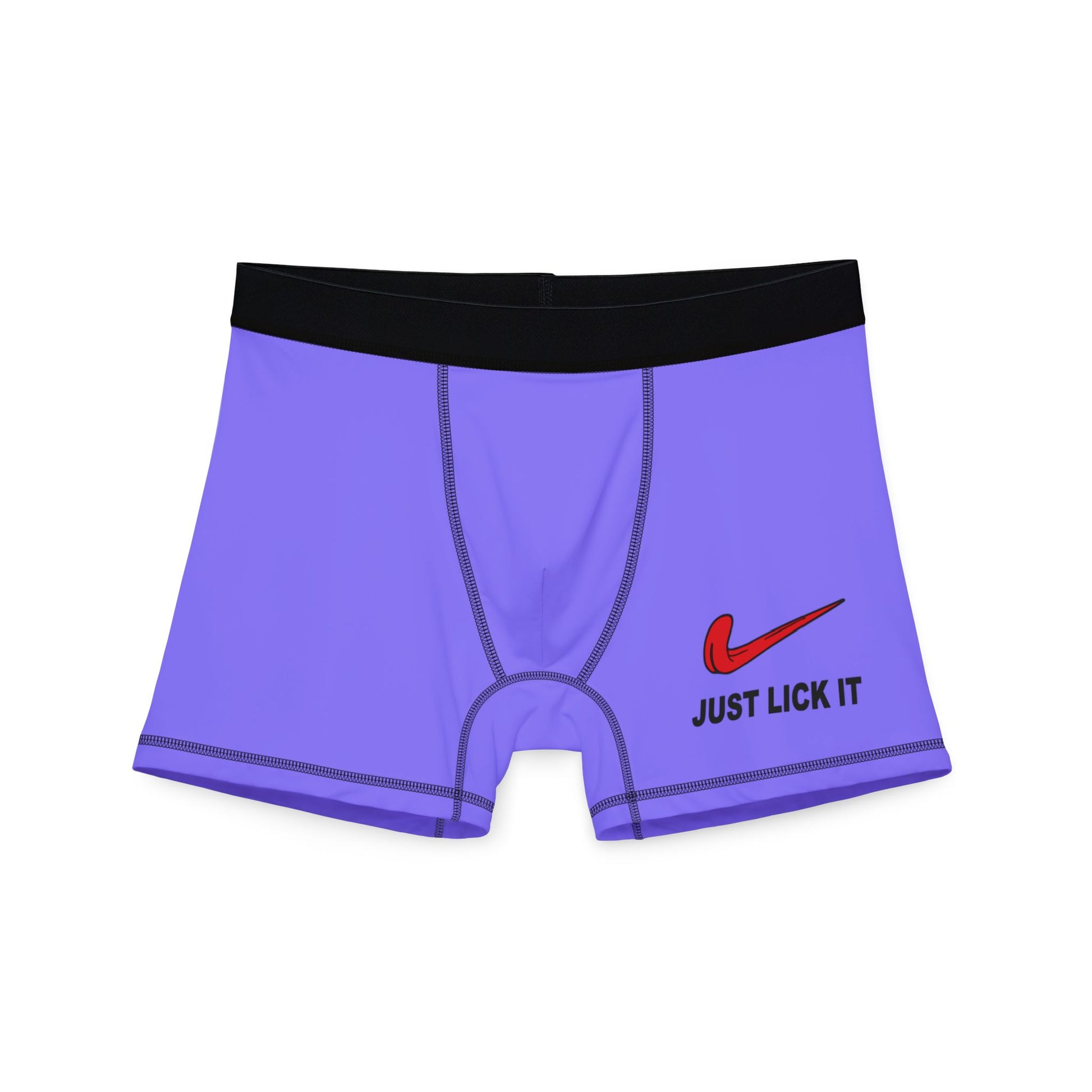 Front view of black men’s boxers with “Just Lick It” graphic in white bold font