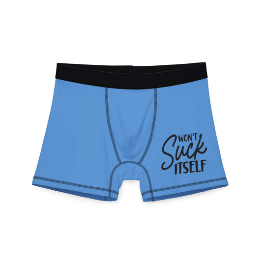 Front view of black men's boxers with bold white ‘Won’t Suck Itself’ print and soft waistband
