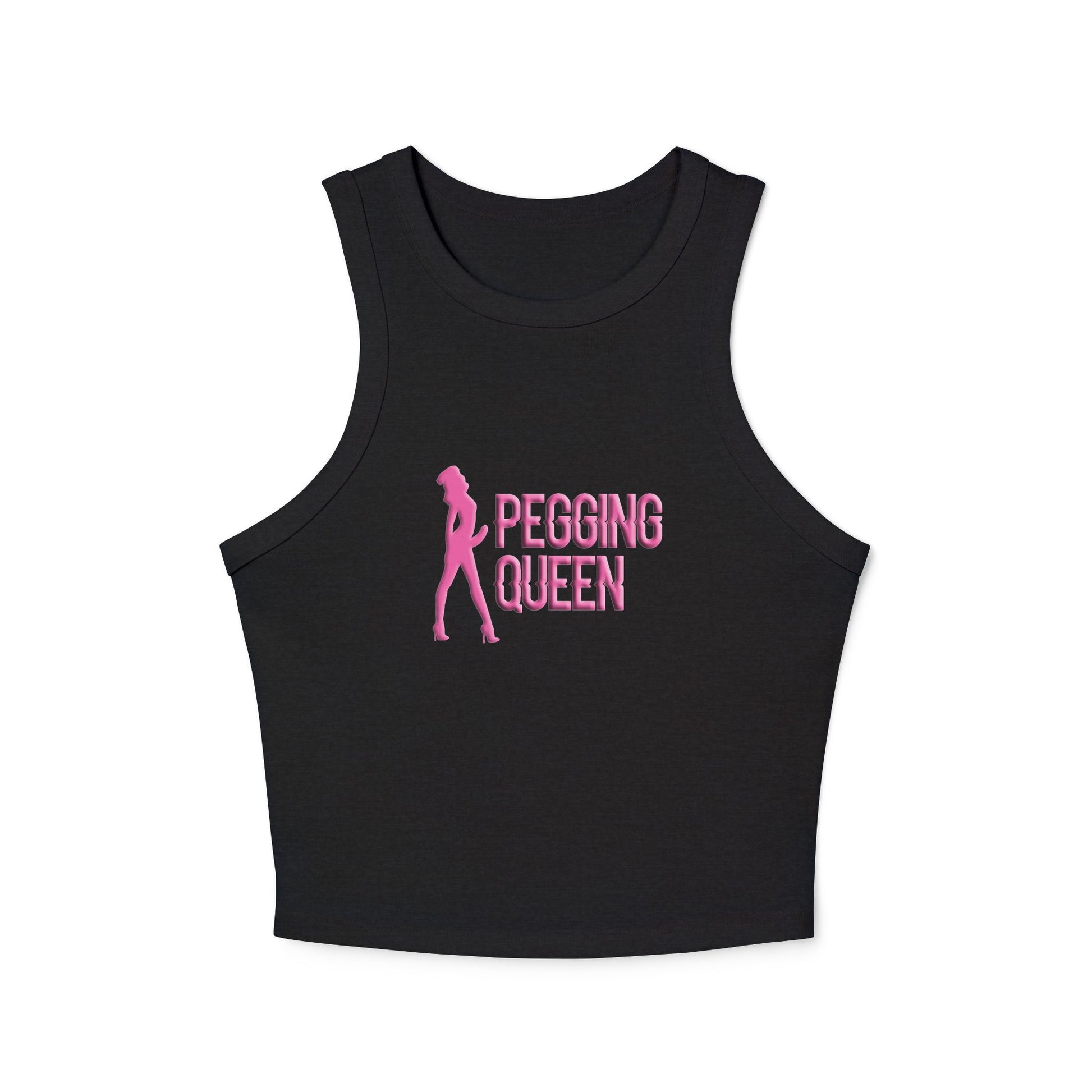 Front view of black micro rib racer tank with Pegging Queen graphic in bold pink print
