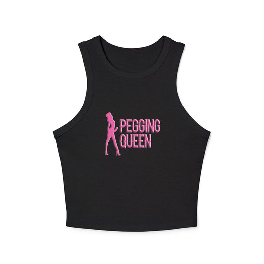 Front view of black micro rib racer tank with Pegging Queen graphic in bold pink print
